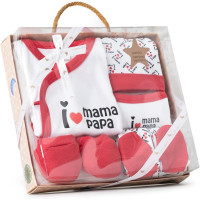 Set regalo para recién nacido 5 piezas 100% algodon I love mama-papa rojo