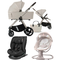 Pack ahorro: Carrito de bebé Dada Flux Almond 2 en 1 + Silla de coche i-Hike i-SIZE 0-12 años + Hamaca balancín automática