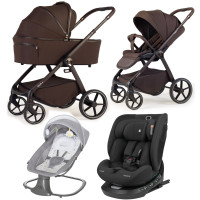 Pack ahorro: Carrito de bebé Dada Flux Chocolate 2 en 1 + Silla de coche i-Hike i-SIZE 0-12 años + Hamaca balancín automática